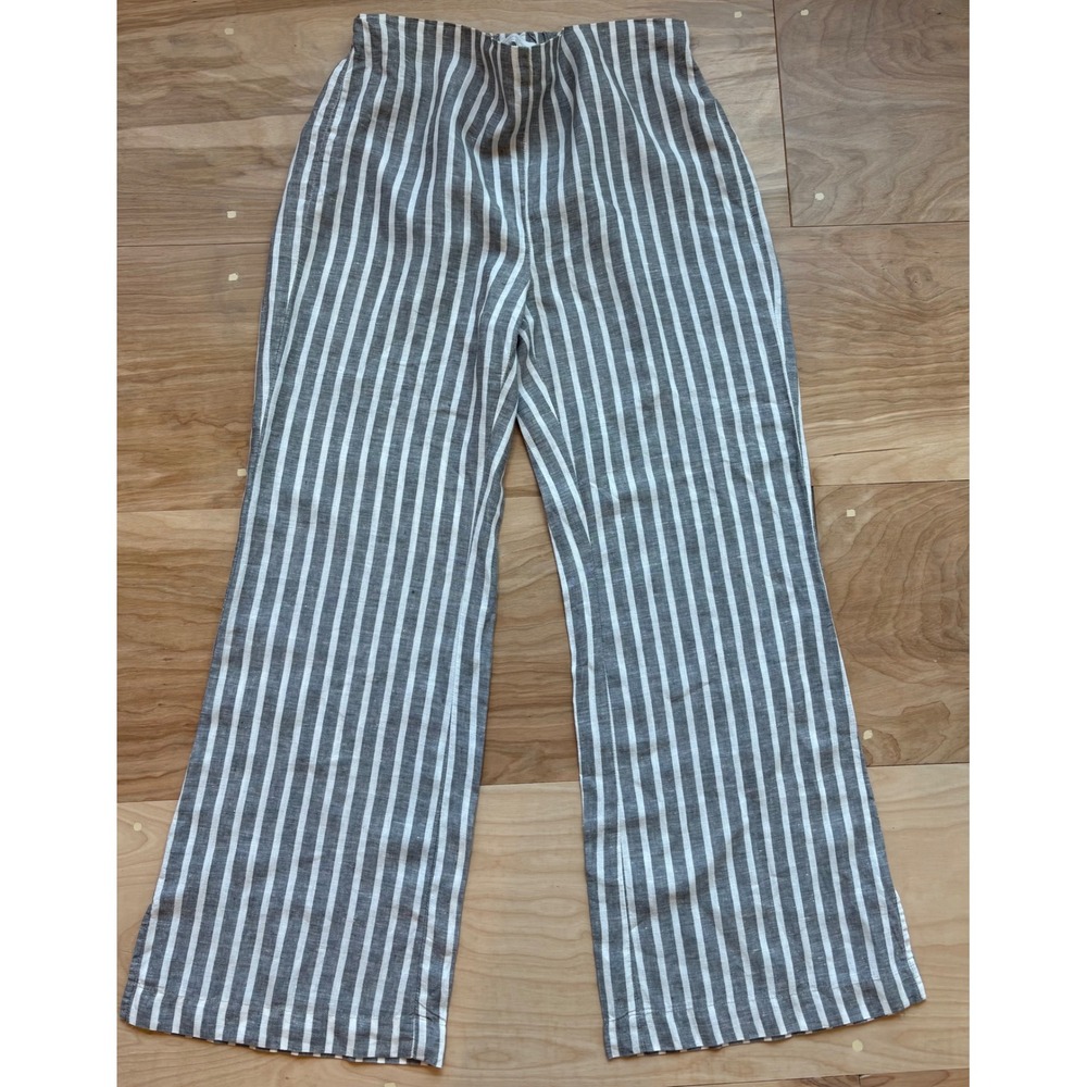 Crown Linen Designs Grey White Striped 100% Linen Wide Leg Pants Womens Large L